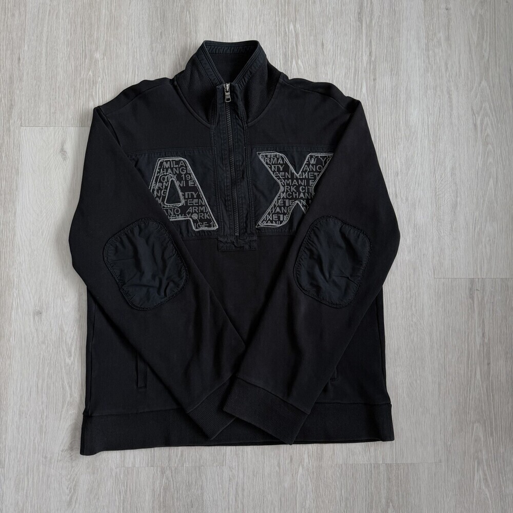 Armani Exchange AX men's Quarter Zip Sweatshirt Black Size M Large Logo Patch